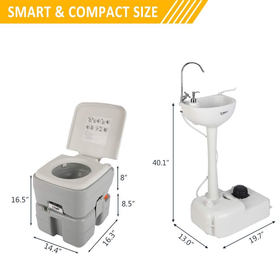 VINGLI Upgraded Portable Sink and Toilet Combo| Self-contained 5 Gal Hand Washing Station & 5.3 Gal Flushing Toilet