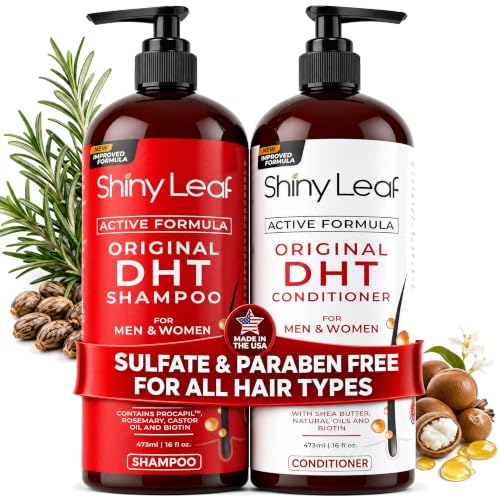 Shiny Leaf DHT Blocker Shampoo and Conditioner Set with Biotin, 2 x 16 oz | DHT blocker shampoo and conditioner with biotin, rosemary oil and asparagus extract for thinning hair. For men and women