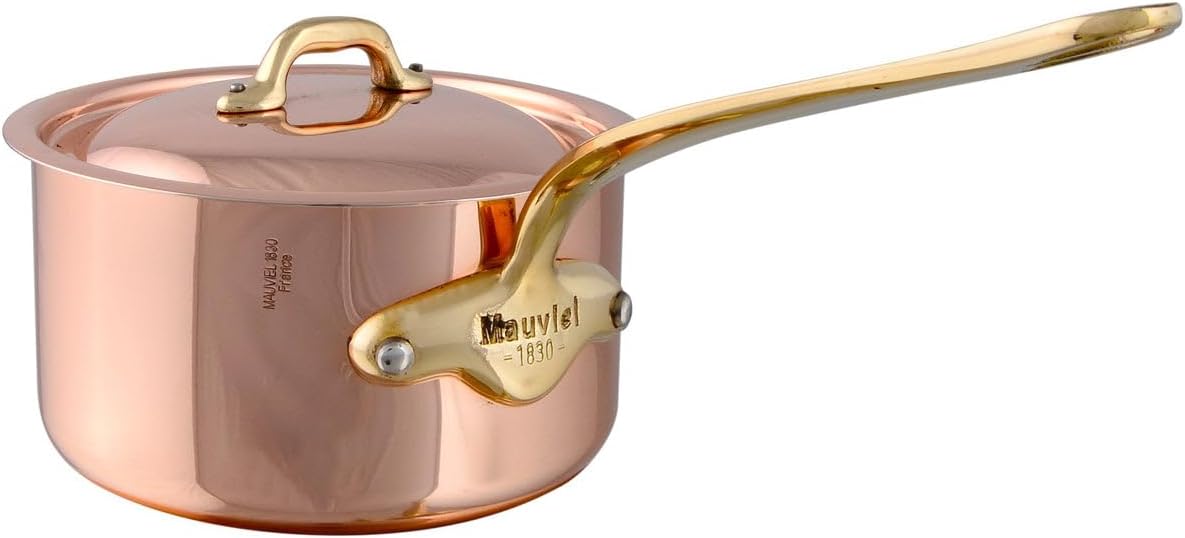 Mauviel M'Heritage 150 B 1.5mm Polished Copper & Stainless Steel Sauce Pan With Lid, And Brass Handles, 1.9-qt, Made in France