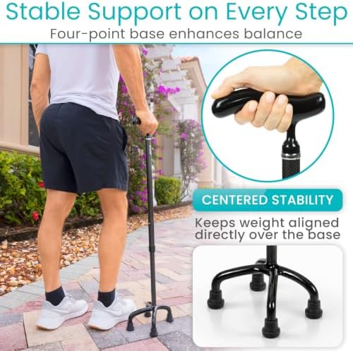 Vive Ultra-Lightweight Quad Cane - Carbon Fiber Walking Stick for Men | Women - Adjustable Ergonomic Grip Handle - Nonslip 4 Prong Rubber Tips for