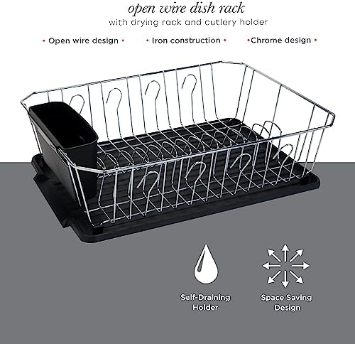 Kitchen Details 3 Piece Dish Rack | Drying Rack, Cutlery Basket & Drainboard Tray | Countertop | Self Draining | Open Wire Design | Chrome | White