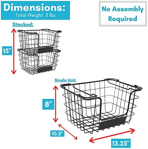 BirdRock Home Stacking Wire Market Baskets with Chalk Label | Set of 2 | Fruit Vegetable Produce Metal Storage Bin for Kitchen Counter | Black