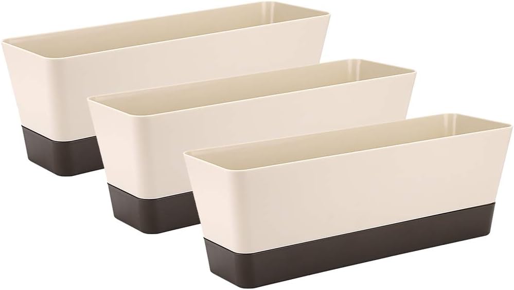 Skelang 3 Pcs Rectangular Plant Pot, 12" Watering Container with Drainage Hole, Window Planter Box with Saucer for Succulents, Flowers, Indoor Plants