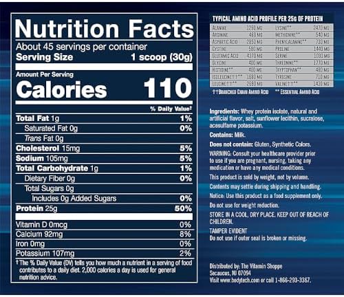 BodyTech Whey Protein Isolate Powder, French Vanilla, 1.5 LB, 23 Servings | 25G Protein per Serving, High Concentrated Protein Powder With Amino Acids & BCAAs for Men and Women, Gluten Free