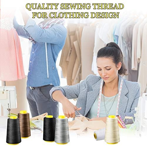BBTO 6 Rolls 3000 Yard Each Serger Thread Polyester Cones Spool Thread for Sewing Serger Overlock Quilting Sewing Machine (Black, White, Beige, Grey