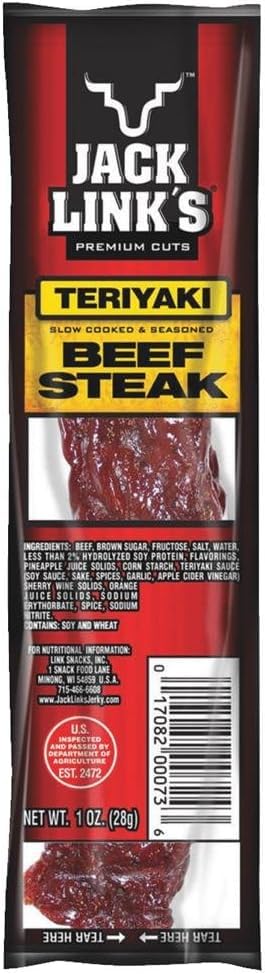 Jack Link's Teriyaki Beef Steak - Ready to Eat Real Meat Protein Snack - 9g Protein per Serving - Made with 100% Real Beef - 1 oz Meat Snack