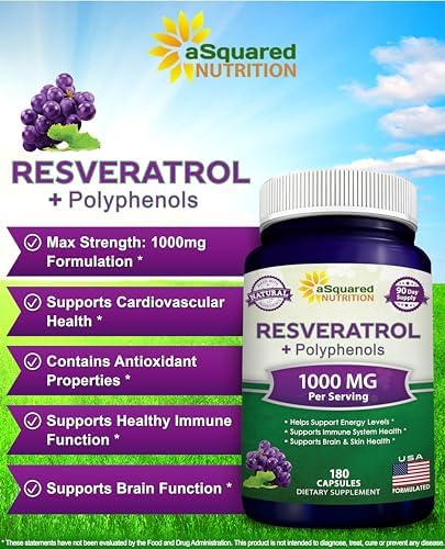 aSquared Nutrition Natural Resveratrol with Red Wine Extract - 180 Capsules - Trans Resveratrol Antioxidant Supplement Pills for Pure Heart Health