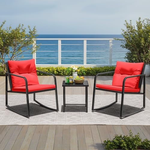 Greesum 3 Pieces Rocking Wicker Bistro Set,Patio Conversation Sets,Beige