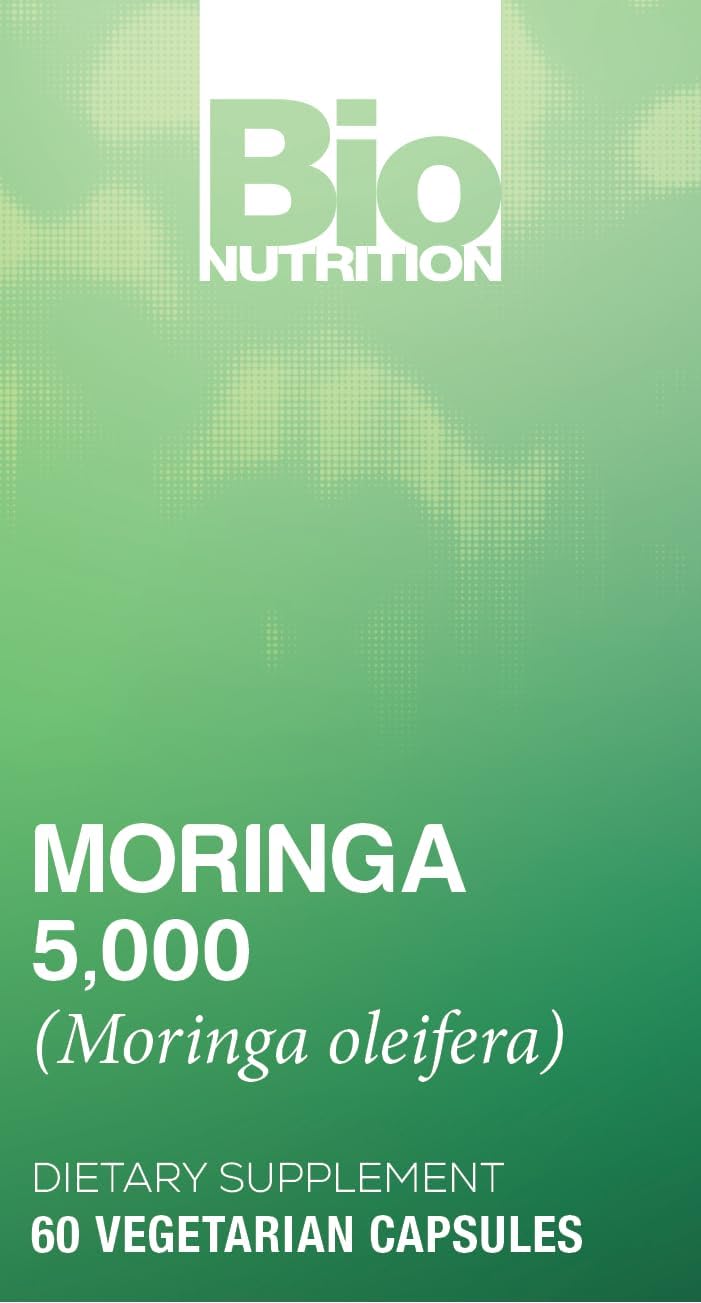 Bio Nutrition Moringa 5000mg 60 Vegetarian Capsules | Complete Green Superfood | Nature's Multivitamin | Energy and Gut Health
