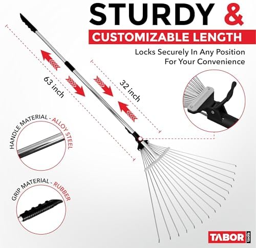 J16A Adjustable Metal Leaf Rake with Expandable Head 8-23", Collapsible & Telescopic Grass Rake for Lawns, Garden & Yard, Ideal for Leaves