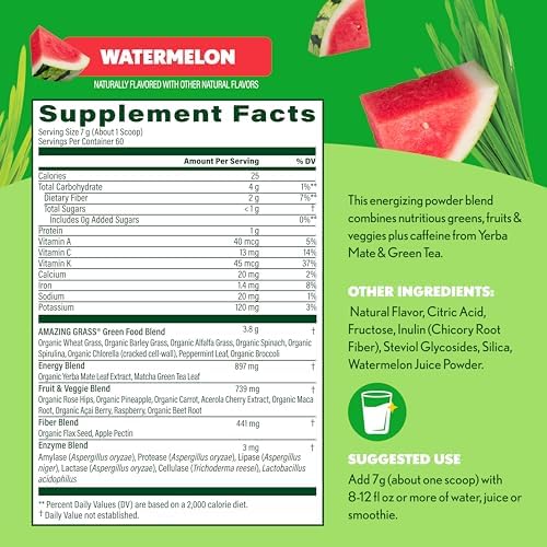 Amazing Grass Super Greens Powder Energy Lemon Lime, 30 Servings | Organic Energy Greens Powder with Plant-Based Caffeine, Yerba Mate & Green Tea Leaf for Sustained Energy & Focus