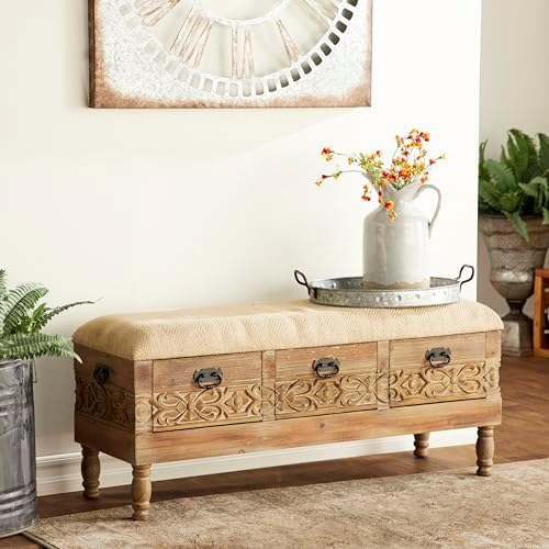 Deco 79 Wood Floral Room Storage Bench Intricately Carved Entryway Bench with Cream Burlap Top, Bench 47" x 16" x 20", Brown