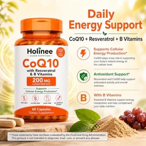 Holinee CoQ10 200mg with Trans-Resveratrol & B Vitamins, 60 Capsules | Enhanced Absorption, Cellular Energy, Antioxidant Support, GMO-Free