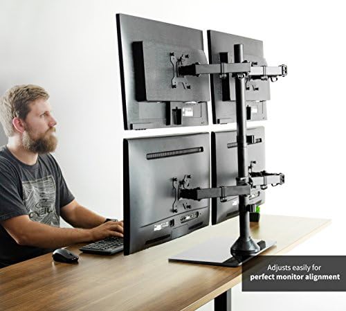 VIVO Black Adjustable Quad Monitor Desk Stand Mount, Free Standing Heavy Duty Glass Base, Holds 4 Screens up to 27 inches, STAND-V004FG