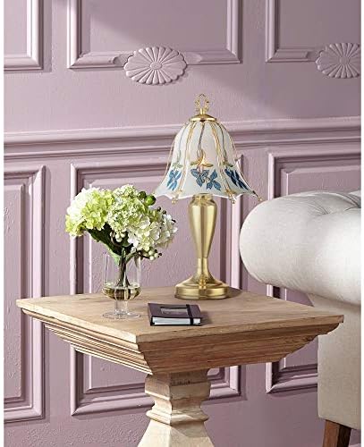 Polished Brass Flower Petal 15" Small Table Lamp Gold Touch 4-Way Glass Off | Etched Shade Art Traditional Cottage Floral Bedroom House Bedside Nightstand Home Office Living Room
