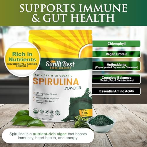 Sunlit Best Organic Spirulina Tablets, Pure Natural Superfood Pills 1000 CT | USDA Certified, 60% Vegan Protein, 18 Amino Acids, Chlorophyll Antioxidants Enzymes, Non GMO, Immune Liver & Energy Support