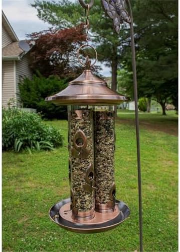Triple Tube Deluxe Bird Feeder, Metal and Plastic Construction, Warm Copper Finish, 9 Feeding Ports with Perches, Hanging Cable System