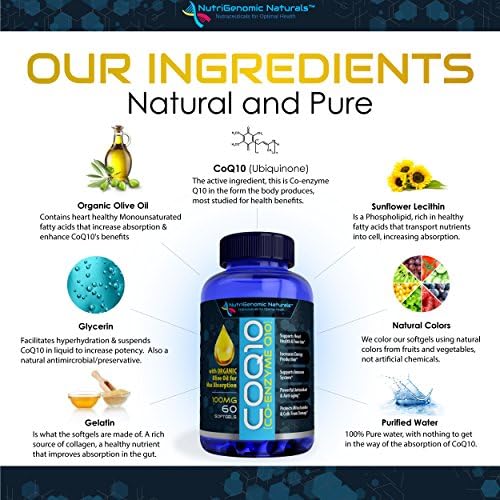 CoQ10, Coenzyme Q10, Highest Absorption with Organic Olive Oil, 100mg, 60 Softgels, Ubiquinone, Ubiquinol, Supports Heart Health. Pure, Natural