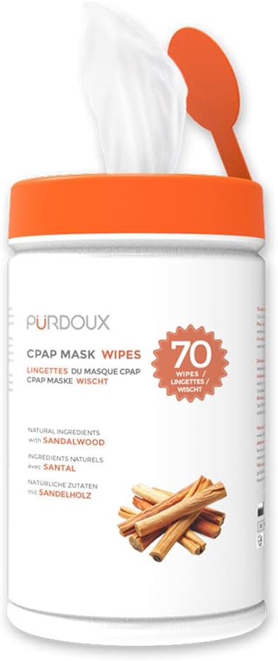 PURDOUX 100% Cotton CPAP Mask Wipes Canister Unscented with Aloe Vera (70 wipes) - CPAP Supplies, CPAP Accessories, CPAP Cleaning Supplies for CPAP Machine | Aloe Vera Infused, Alcohol Free, Silicone Safe, Removes Dirt & Facial Oils, Gentle Cleaning, CPA…