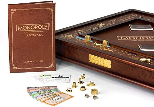 WS Game Company Monopoly Luxury Edition Wooden Board Game Set, 2-6 Players | Luxurious Wood Cabinet, Gold Foil Stamped Game Board