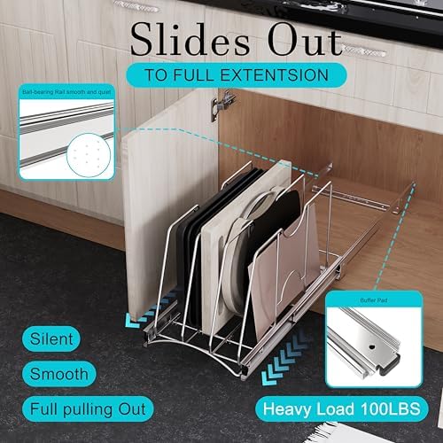 Pull Out Cookie Sheet Organizer, 11" W x 22" D x 11.8" H, Chrome