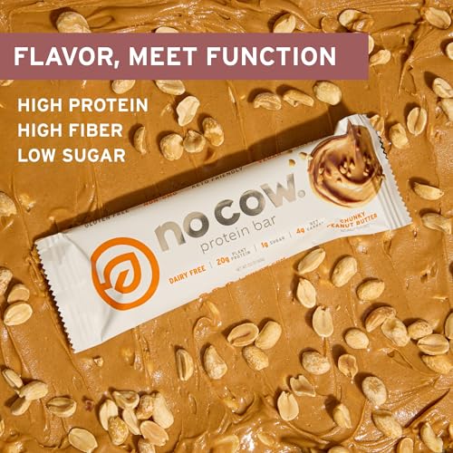 No Cow Peanut Butter Chocolate Chip Vegan Protein Bars, 12 Pack | 20g High Plant-Based Protein, High Fiber, Low Sugar, Gluten-Free, Dairy-Free, Soy-Free, Keto-Friendly Snack Bars