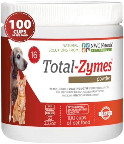 Total-Zymes Digestive Enzymes for Dogs and Cats, 8 oz. Powder | Unflavored Daily Powder, Mix 1 Scoop per Cup of Food, 16 Plant-Based Enzymes and Prebiotic Support Digestion and Absorption