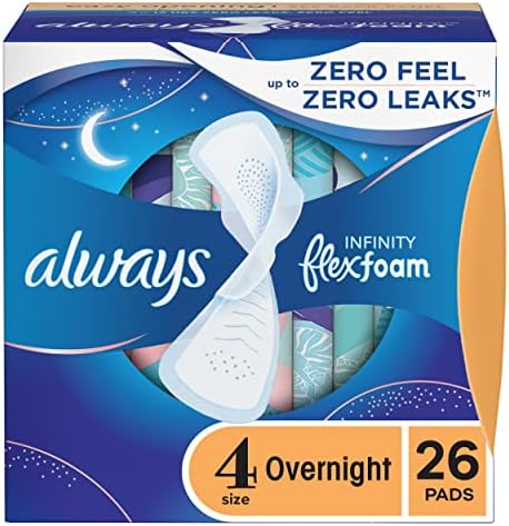 Always Infinity FlexFoam Pads for Women, Size 4, Overnight Absorbency, Unscented, 28 Count