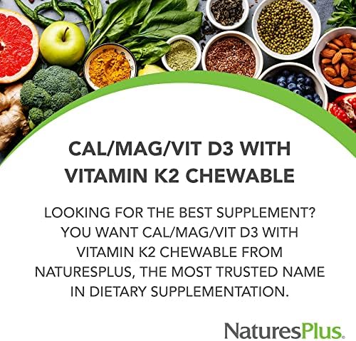 NaturesPlus Calcium/Magnesium/Vitamin D3 with Vitamin K2 - 60 Chewable Tablets - Supports Bone & Immune Health - Vanilla Flavor - Gluten Free - Up to 30 Servings