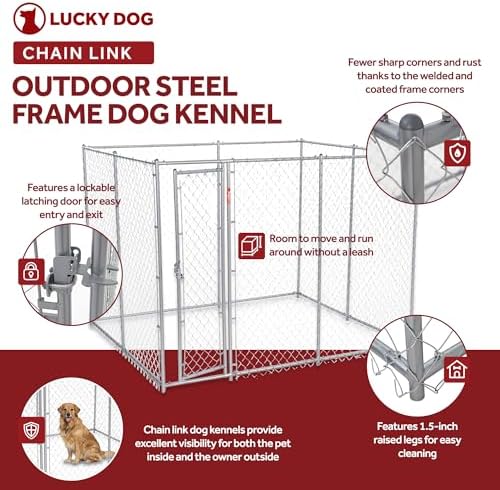 Lucky Dog 10' x 10' x 6' Heavy Duty Outdoor Welded Galvanized Steel Chain Link Dog Kennel Enclosure with 2 Configurations and Latching Door, Silver
