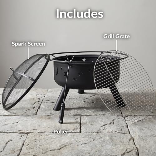 Sunnydaze Cosmic 30" Fire Pit with Cooking Grate for Outside, Wood Burning | Bronze, Heavy Duty Steel Metal, Includes Spark Screen & Poker, Round Outside Firepit for Patio, Deck, Backyard BBQ, Bonfire