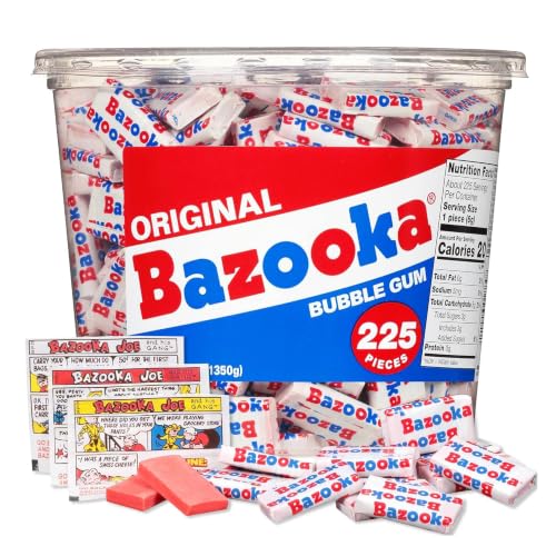 Bazooka Bubble Gum Bulk, 225 Count Tub of Chewing Gum | Individually Wrapped, Old Fashioned 90's Candy for Baseball, Party Favors, Goodie Bags