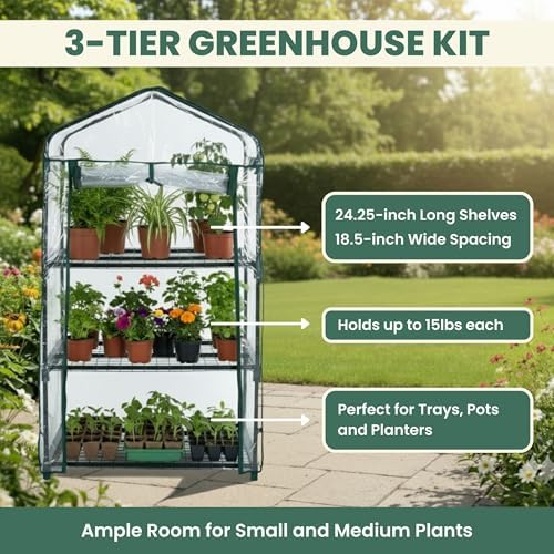 3 Tier Mini Greenhouse - Portable Greenhouse with Rust-Resistant Frame and PVC Cover for Indoor/Outdoor - 27.5x19x50-Inch Green House by Pure Garden