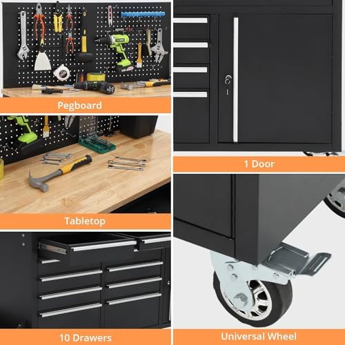 61-Inch Rolling Tool Chest with 10 Drawers & Power Strip, Solid Rubber Wood Top, 1675 LBS Load Heavy Duty Mobile Workstation, Locking System and Drawer Liners for Garage Warehouse Shop, Black