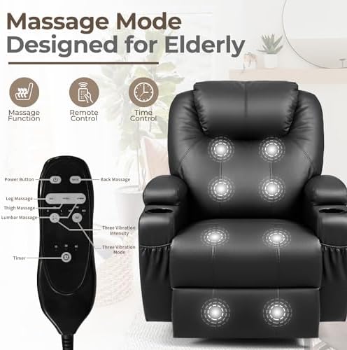 Furniwell Rocker Recliner Chair with Massage for Elderly, Leather Adjustable 360°Swivel Rocking Sofa for Living Room with Remote Control
