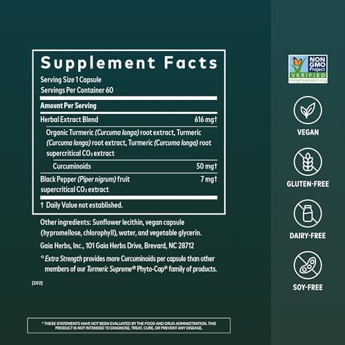 Gaia Herbs Turmeric Supreme Extra Strength - Helps Reduce Occasional Discomfort from Normal Wear & Tear*- 616 mg Organic Turmeric Curcumin Supplement with Black Pepper- 120 Vegan Liquid Phyto-Capsules
