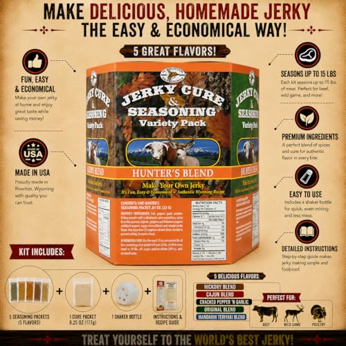Hi Mountain BOLD & SAVORY Jerky Seasoning and Cure Kit | Variety Pack | Bold & savory flavors: Mandarin Teriyaki, Pepperoni, Sweet & Spicy, Inferno, & Pepper, Beef, Venison, Deer, Elk, Up to 20 lbs