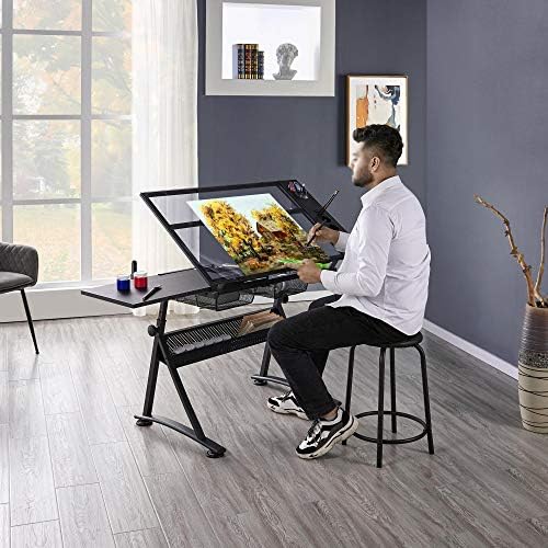 Yaheetech Adjustable Drafting Table & Stool, Tilting Glass Art Desk