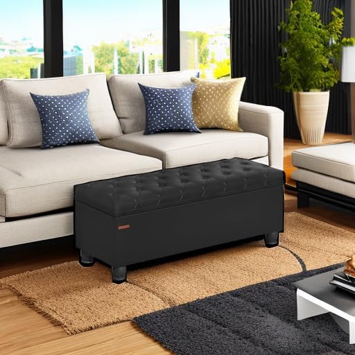 SONGMICS Storage Ottoman, 46.5 Inches Bedroom Bench, Solid Wood Legs