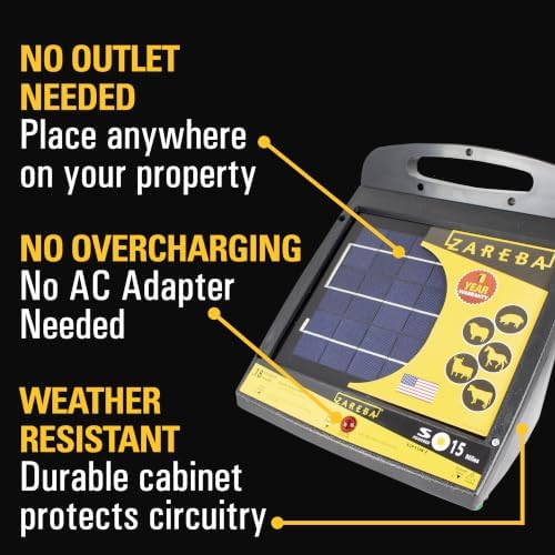 Zareba Solar Powered Low Impedance Electric Fence Charger, 15 Mile Solar Powered Electric Fence Energizer, Contain Animals