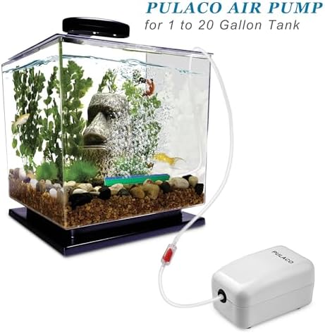 PULACO Ultra Quiet Mini Aquarium Fish Tank Air Pump for 1-20 Gallon Fish Bowl with Air Tube Air Bubbler Stone Check Valve