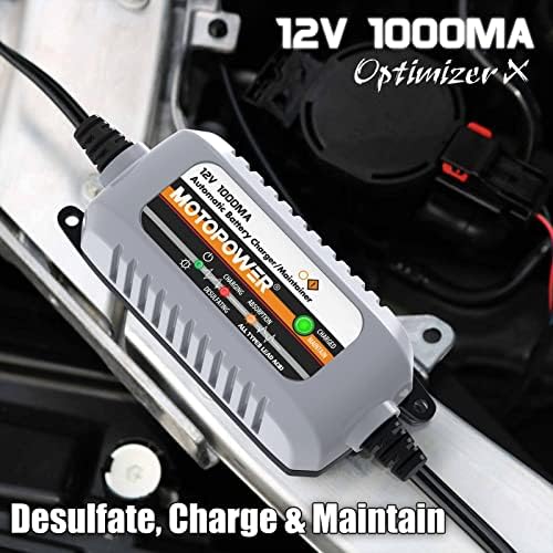 MOTOPOWER MP00205B 12V 1000mA Automatic Battery Charger, Battery Maintainer, Trickle Charger, and Battery Desulfator with Timer Protection - Grey
