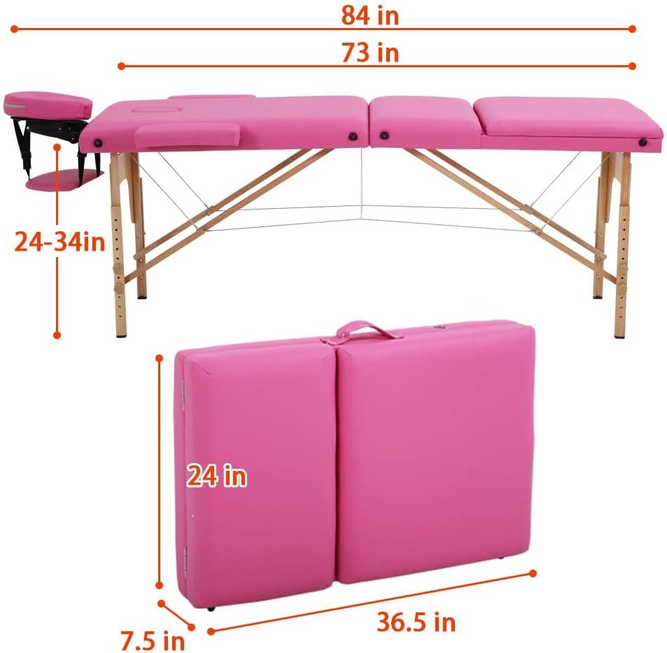 BestMassage | Portable Massage Table | 24" Wide, Black PU Leather | Lightweight, 2-Fold Massage Table with Height Adjustment, 450lbs Capacity, Carry Bag | For Massage, Facial, Tattoo, Home, Spa