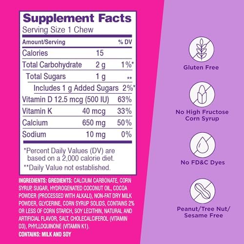 Viactiv Calcium + Vitamin D Supplement Soft Chews for Women & Men - Chewable Calcium for Bone Health Support, 650 mg per Serving, Vitamin D & K for High Absorption - 60 Count, Caramel