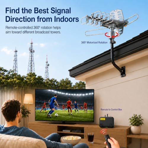 Amplified Outdoor TV Antenna with 360° Motorized Rotation, UHF/VHF Long-Range Reception, Remote Control, Mounting Pole & 40FT RG6 Cable