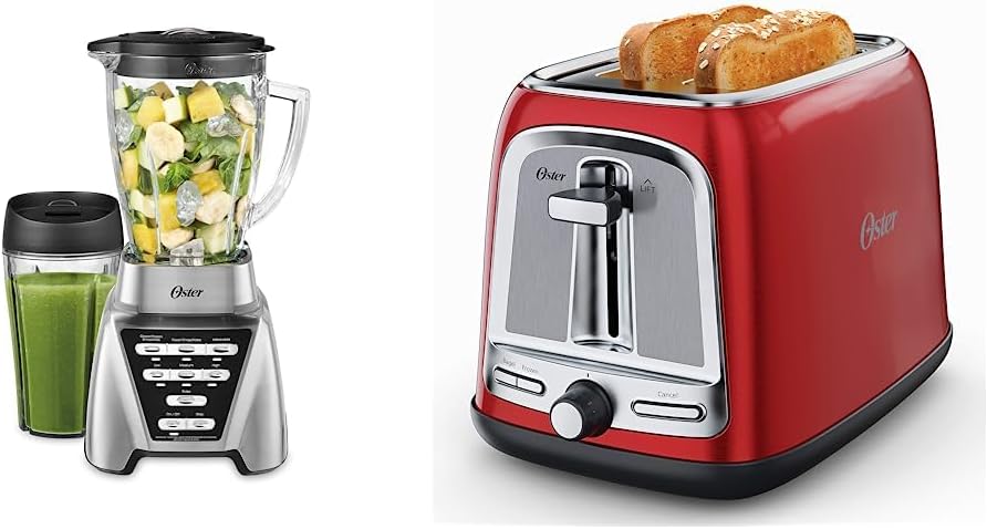 Oster Pro 1200 Smoothie Blender with Glass Jar & 24oz To-Go Cup, Countertop Kitchen Blender with 7 Speeds, 1200W Power, Brushed Nickel