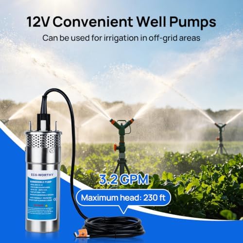 ECO-WORTHY 24V Submersible Deep Well Water Pump with 10ft Cable 1.6GPM 4'' 5A, Max Lift 230ft/70m, DC Pump/Alternative Energy Solar Battery Farm & Ranch Submersible Deep Well Pump
