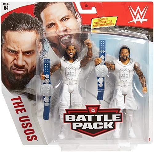 WWE Jimmy USO vs Jey USO Battle Pack Series #64 with Two 6-inch Articulated Action Figures & Ring Gear