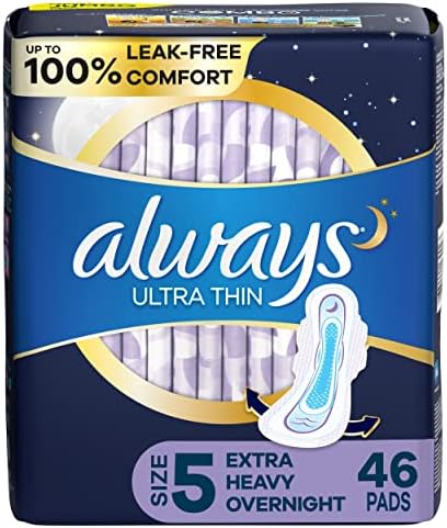 ALWAYS Ultra Thin Size 5 Extra Heavy Overnight Pads With Wings Unscented, 46 Count