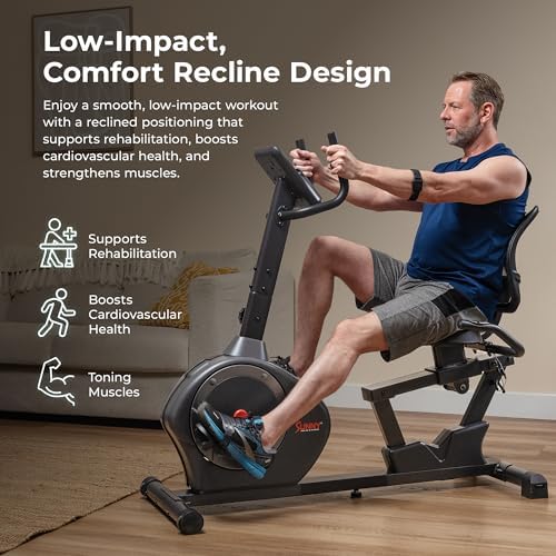 Sunny Health & Fitness Smart Recumbent Bike, Wide Cushioned Seat & Back, Indoor Cycling Machine for Adult/Seniors Home Exercise, Free SunnyFit App Connection